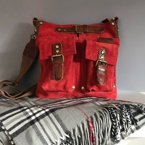 NWT Mo & Co Red Suede & brown Leather HandBag Crossbody Shoulder bag